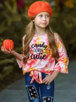 Candy Corn Cutie Top & Patched Jeans Set -Kid's Apparel Sales FALL20SET34CAOYT 3