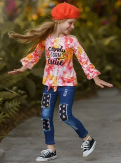 Candy Corn Cutie Top & Patched Jeans Set -Kid's Apparel Sales FALL20SET34CAOYT 4