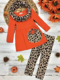 Purrfect Pumpkin Tunic, Leopard Leggings & Scarf Set -Kid's Apparel Sales FALL20SET53CAPOL