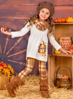 Thankful Pumpkin Tunic, Plaid Leggings & Scarf Set 6 Thankful Pumpkin Tunic, Plaid Leggings & Scarf Set -Kid's Apparel Sales FALL91SET57CAGOP