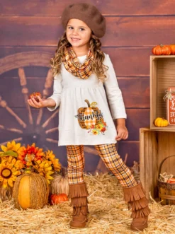 Thankful Pumpkin Tunic, Plaid Leggings & Scarf Set