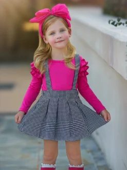So Impressive Gingham Suspender Skirt Set -Kid's Apparel Sales GBSEC010 Fuchsia 1