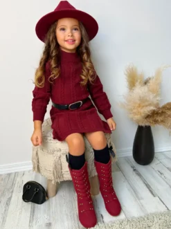 Cute Cranberry Cable Knit Belted Sweater Dress 8 Cute Cranberry Cable Knit Belted Sweater Dress -Kid's Apparel Sales GFDRB011 Burgundy 1 scaled