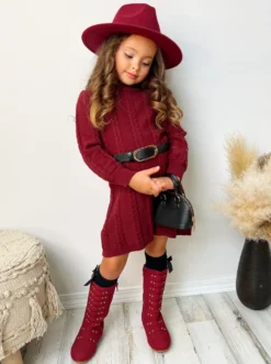 Cute Cranberry Cable Knit Belted Sweater Dress 9 Cute Cranberry Cable Knit Belted Sweater Dress -Kid's Apparel Sales GFDRB011 Burgundy 7 scaled