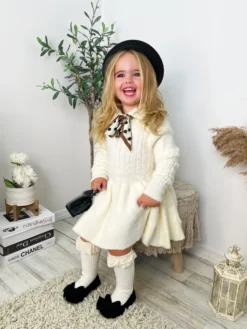 Dots & Bows Wool Sweater Dress -Kid's Apparel Sales GFDRB016 Cream 3 scaled