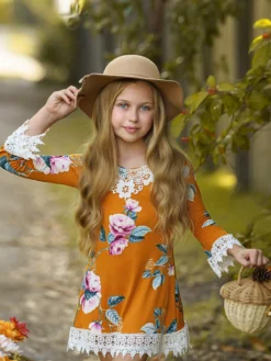 Sweet Cinnamon Floral Crochet Dress -Kid's Apparel Sales GFDRB021 Cinnamon 5