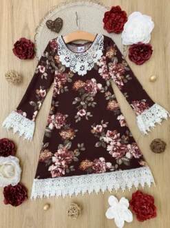 Cranberry Dreams Floral Crochet Dress -Kid's Apparel Sales GFDRB022 Burgundy scaled