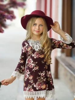 Cranberry Dreams Floral Crochet Dress -Kid's Apparel Sales GFDRB022 Burgundy 1