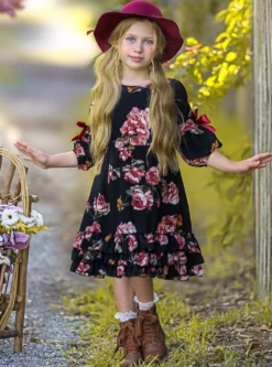 Romantic Rose Floral Cloda Dress -Kid's Apparel Sales GFDRB032 Black 1