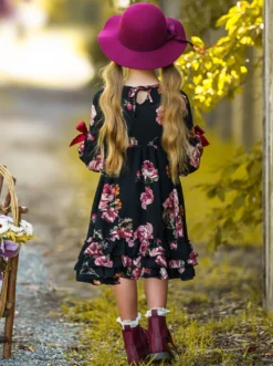 Romantic Rose Floral Cloda Dress -Kid's Apparel Sales GFDRB032 Black 2