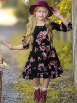 Romantic Rose Floral Cloda Dress -Kid's Apparel Sales GFDRB032 Black 5