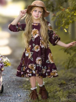 Cranberry Dreams Floral Cloda Dress 10 Cranberry Dreams Floral Cloda Dress -Kid's Apparel Sales GFDRB033 Burgundy 1