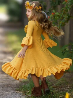 Autumntime Hi-Lo Drawstring Eyelet Ruffle Dress 8 Autumntime Hi-Lo Drawstring Eyelet Ruffle Dress -Kid's Apparel Sales GFDRB035 Marigold 5