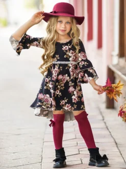 Better In Black Floral Hi-Lo Dress -Kid's Apparel Sales GFDRB038 Black 2