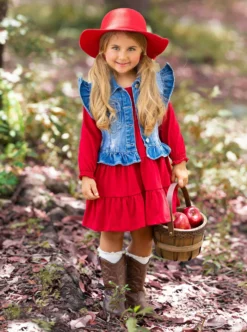 Always In Style Denim Vest & Red Dress Set -Kid's Apparel Sales GFDRC006 Burgundy scaled