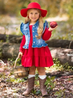 Always In Style Denim Vest & Red Dress Set -Kid's Apparel Sales GFDRC006 Burgundy 13 scaled