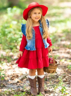 Always In Style Denim Vest & Red Dress Set -Kid's Apparel Sales GFDRC006 Burgundy 3 scaled