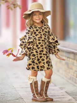 Spots In Style Animal Print Bell Sleeve Dress -Kid's Apparel Sales GFDRC009 Leopard 4