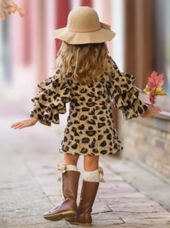 Spots In Style Animal Print Bell Sleeve Dress -Kid's Apparel Sales GFDRC009 Leopard 5