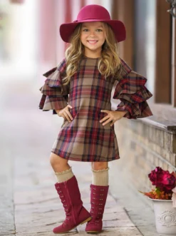 Picnic Chic Plaid Bell Sleeve Dress -Kid's Apparel Sales GFDRC009 Navy 3