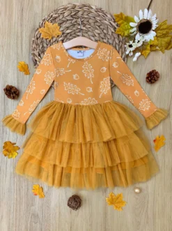 Picture Perfect Falling Leaves Tutu Dress -Kid's Apparel Sales GFDRC011 Mustard scaled