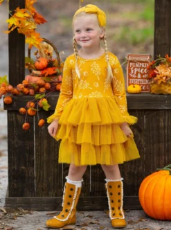 Picture Perfect Falling Leaves Tutu Dress -Kid's Apparel Sales GFDRC011 Mustard 2 scaled