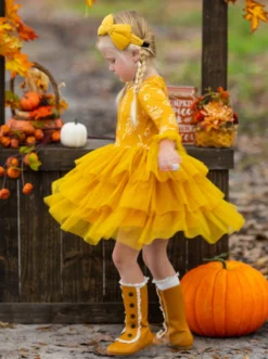 Picture Perfect Falling Leaves Tutu Dress -Kid's Apparel Sales GFDRC011 Mustard 3 scaled