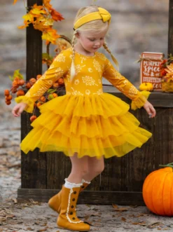 Picture Perfect Falling Leaves Tutu Dress -Kid's Apparel Sales GFDRC011 Mustard 5 scaled