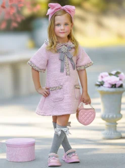 Prettiest Doll Pink Tweed Dress -Kid's Apparel Sales GFDRC016 Pink 2
