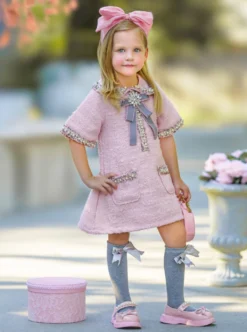 Prettiest Doll Pink Tweed Dress -Kid's Apparel Sales GFDRC016 Pink 5