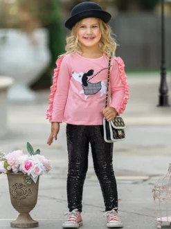 Walkies With You Sequin Legging Set -Kid's Apparel Sales GFSEB020 Pink 2