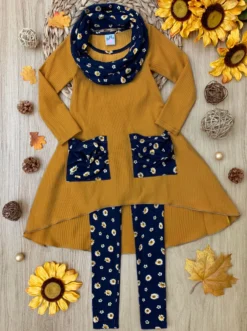 Daisy Dream Dual Pocket Tunic, Scarf & Legging Set -Kid's Apparel Sales GFSEB042 Mustard scaled