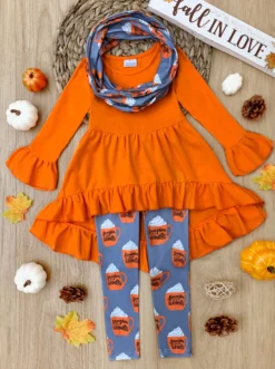 Pumpkin Spice Season Tunic, Scarf & Legging Set -Kid's Apparel Sales GFSEB052 Orange scaled