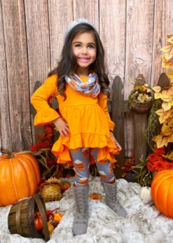 Pumpkin Spice Season Tunic, Scarf & Legging Set -Kid's Apparel Sales GFSEB052 Orange 1 scaled