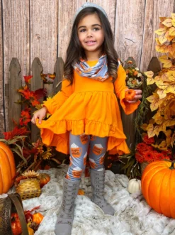 Pumpkin Spice Season Tunic, Scarf & Legging Set -Kid's Apparel Sales GFSEB052 Orange 2 scaled