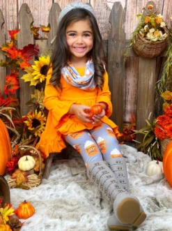 Pumpkin Spice Season Tunic, Scarf & Legging Set -Kid's Apparel Sales GFSEB052 Orange 6 scaled