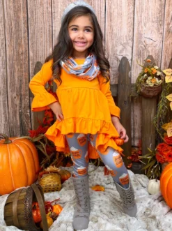 Pumpkin Spice Season Tunic, Scarf & Legging Set -Kid's Apparel Sales GFSEB052 Orange 7 scaled