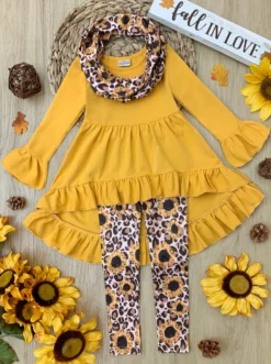 Sunflower Leopard Print Tunic, Legging & Scarf Set -Kid's Apparel Sales GFSEB056 Marigold scaled