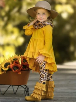 Sunflower Leopard Print Tunic, Legging & Scarf Set -Kid's Apparel Sales GFSEB056 Marigold 2