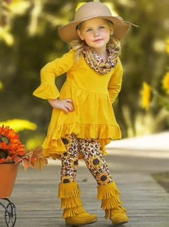 Sunflower Leopard Print Tunic, Legging & Scarf Set -Kid's Apparel Sales GFSEB056 Marigold 4