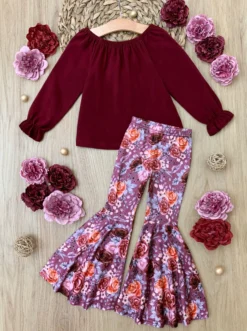Fav Flowers Bell Bottom Set -Kid's Apparel Sales GFSEB062 Burgundy scaled