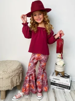 Fav Flowers Bell Bottom Set -Kid's Apparel Sales GFSEB062 Burgundy 2