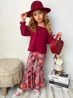 Fav Flowers Bell Bottom Set -Kid's Apparel Sales GFSEB062 Burgundy 4