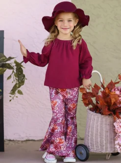 Fav Flowers Bell Bottom Set -Kid's Apparel Sales GFSEB062 Burgundy f7660e78 0b10 4eb2 a6a1 2dcf37ba655d