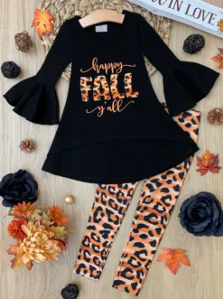 Happy Fall Y'all Stripes & Leopard Print Legging Set -Kid's Apparel Sales GFSEB064 Leopard scaled