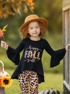 Happy Fall Y'all Stripes & Leopard Print Legging Set -Kid's Apparel Sales GFSEB064 Leopard 2