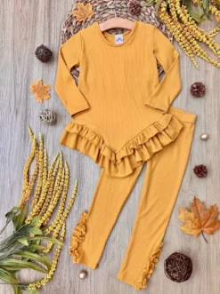 Autumn Leaves Golden Rib Knit Legging Set -Kid's Apparel Sales GFSEB069 Mustard