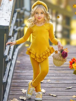 Autumn Leaves Golden Rib Knit Legging Set -Kid's Apparel Sales GFSEB069 Mustard 3