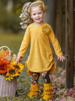 Fun With Florals Eyelet Ruffled Tunic & Legging Set -Kid's Apparel Sales GFSEB073 Marigold 4