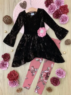 Cute Crushed Velvet Sidetail Tunic & Legging Set -Kid's Apparel Sales GFSEB119 Brown scaled